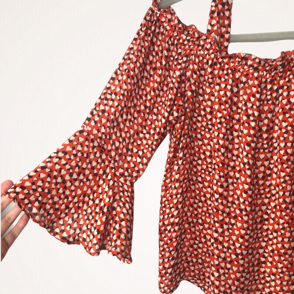 J. Crew Cold Shoulder Silk Top Blouse in Heart Print Rustic Rose Red Size 2 - Picture 5 of 13